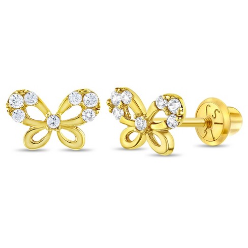 Girls' 3 Point CZ Crown Screw Back 14K Gold Earrings - in Season Jewelry