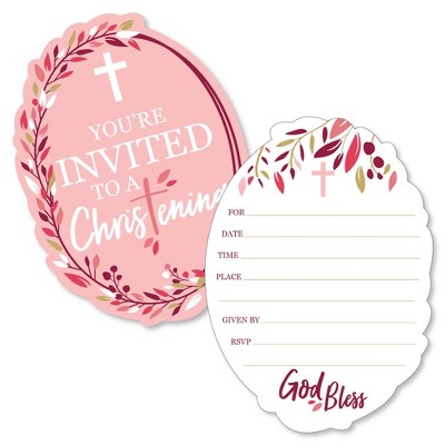 Big Dot of Happiness Christening Pink Elegant Cross - Shaped Fill-in Invitations - Girl Religious Party Invitation Cards with Envelopes - Set of 12