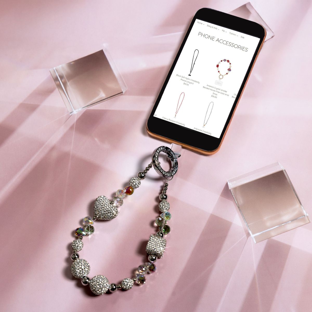 Pavilion Gift Company - White Crystal Wristlet - Beaded Hands-Free Silver Wrist Strap - Cell Phone Accessories - thumbnail 2