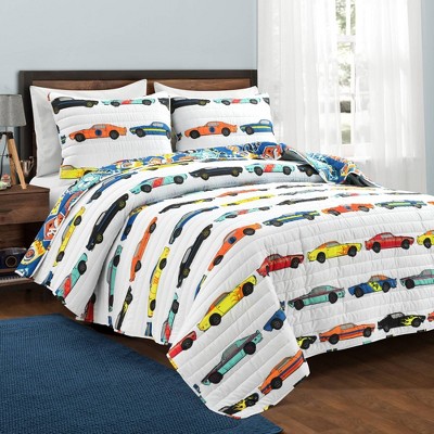 2pc Twin Race Cars Reversible Quilt Set White - Lush Décor