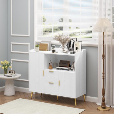 Modern Kitchen Storage Cabinet, Buffet Cabinet with Shelf, Coffee Bar with 2 Drawers and 2 Doors and Open Storage