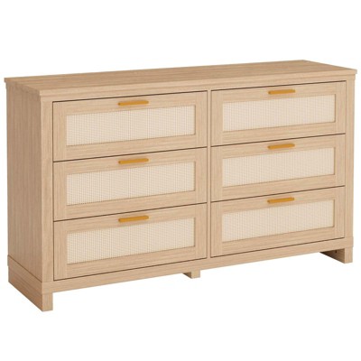 6-Drawer Rattan Dresser for Bedroom, Boho Modern Wood Chest of Drawers with Ample Storage, Organizer for Closet, Living Room
