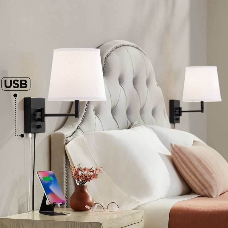 360 Lighting Lanett Modern Swing Arm Wall Lamps Set of 2 Black Plug-in Light Fixture with USB Charging Port White Lamp Shade for Bedroom Living Room, 2 of 10