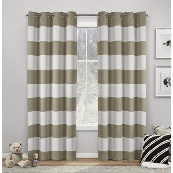 Exclusive Home Sateen Rugby Striped Kids Twill Woven Room Darkening Blackout Grommet Top Curtain Panel Pair, 52"x96", Taupe