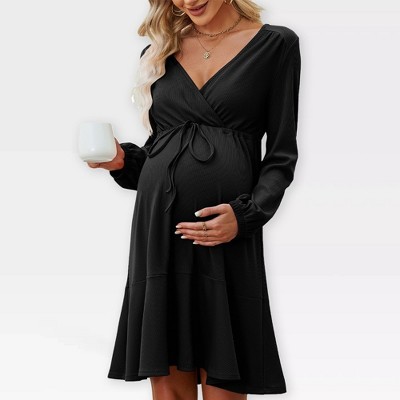 Womens Maternity Dress V Neck Long Sleeve Tie Waist Flowy Dress Midi Dress for Baby Shower Photography Fall Outfits for Maternity,Black - 2XL