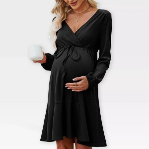 Womens Maternity Dress V Neck Long Sleeve Tie Waist Flowy Dress Midweight Dress for Baby Shower Photography Fall Outfits for Maternity - 1 of 4