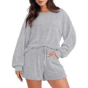Pajamas Set for Women Knit Lounge Set 2 Piece Outfits Loungewear Sweatsuit with Pockets - 1 of 4