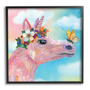 Stupell Industries Butterfly Kisses Pink Fantasy Unicorn Flower Blossoms Framed Giclee Art