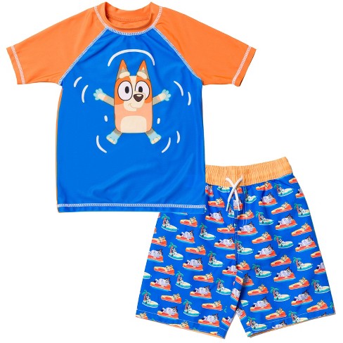 Bluey Bingo Toddler Boys Rash Guard And Swim Trunks Outfit Set Blue Orange 2t Target