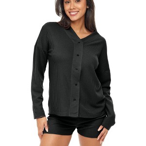 ADR Women's Pajamas Set, Soft Ribbed Knit Waffle Pajamas Lounge Set, Long Sleeve Sweater Top Shirt and Shorts - 1 of 4