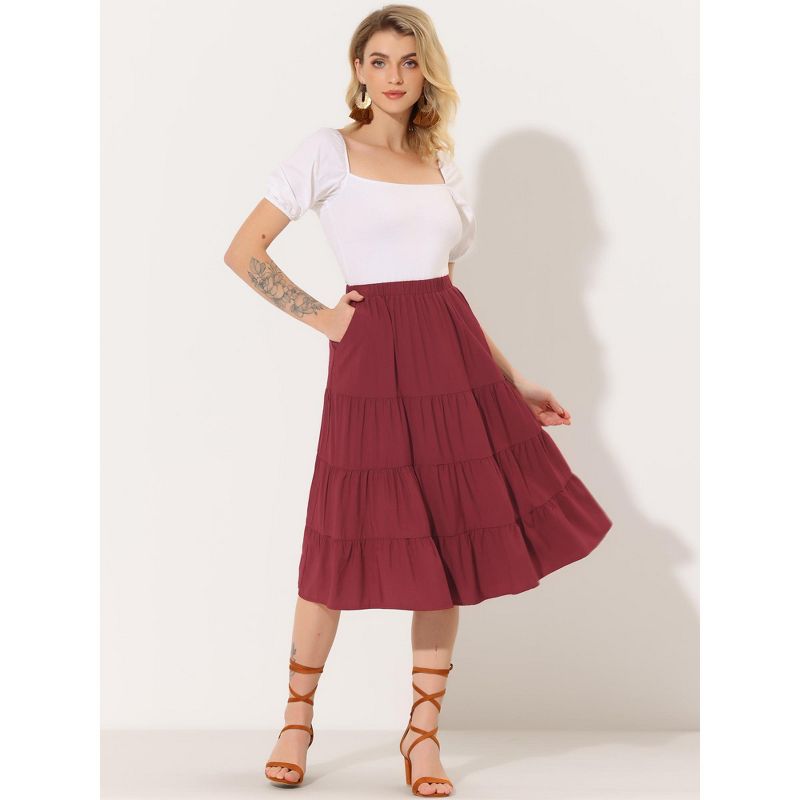 Allegra K Women's Midi Solid Elastic Waist Flare Tiered A-Line Skirt with Pockets, 2 of 6