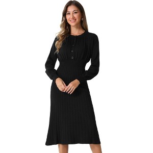 Allegra K Women's Ribbed Crew Neck Pleated Lantern Sleeve Midi Knit A-line Dress - 1 of 4