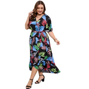 Plus Size dress Women's Plus Size Floral Summer Dress Casual Wrap V Neck A Line Ruffle Belted Dress - 1 of 4