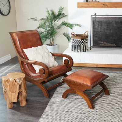 Handcrafted Brown Leather and Teak Wood Accent Chair with Ottoman
