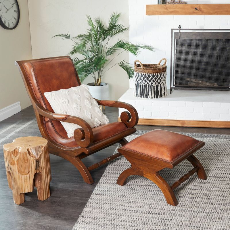 Traditional Teak Wood Accent Chair with Arms and Ottoman Brown - Olivia &#38; May, 3 of 23