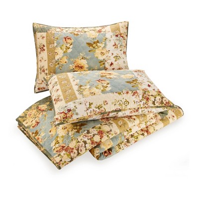 King Blue Cotton Reversible Floral Patchwork Quilt Set
