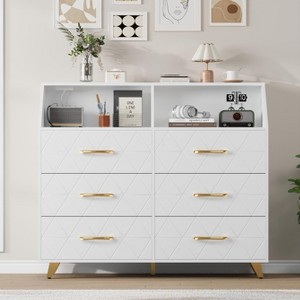 Modern 6 Drawer Dresser, Black Chest of Drawer with Led Light Strip, Charging Station, Open Shelf, Metal Legs, Large Wooden Dresser Cabinet - 1 of 4