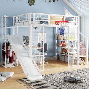 Full Size Metal Loft Bed with Built-in Desk, Open Wardrobe, and Basketball Hoop - 1 of 4