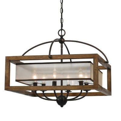 24" x 24" Rubber Wood Square Chandelier with Organza Shade Brown - Cal Lighting