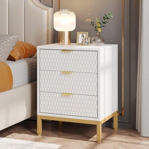 ORRD Modern White & Gold Nightstand, 3-Drawer Bedside Table with Hexagon Pattern & Metal Base, Tall End Table for Bedroom & Living Room - 1 of 4
