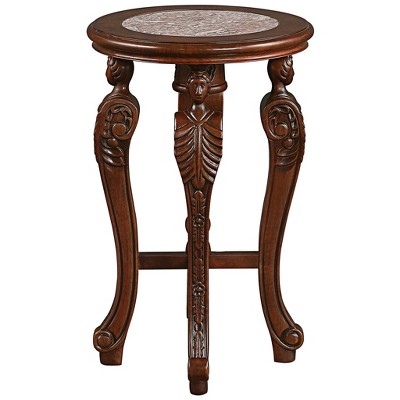Round Wood and Stone End Table with Marble Inlay