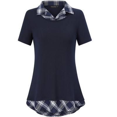 YESFASHION Women's Short Sleeve Contrast Collared Shirts Patchwork Work Blouse Tunics Tops