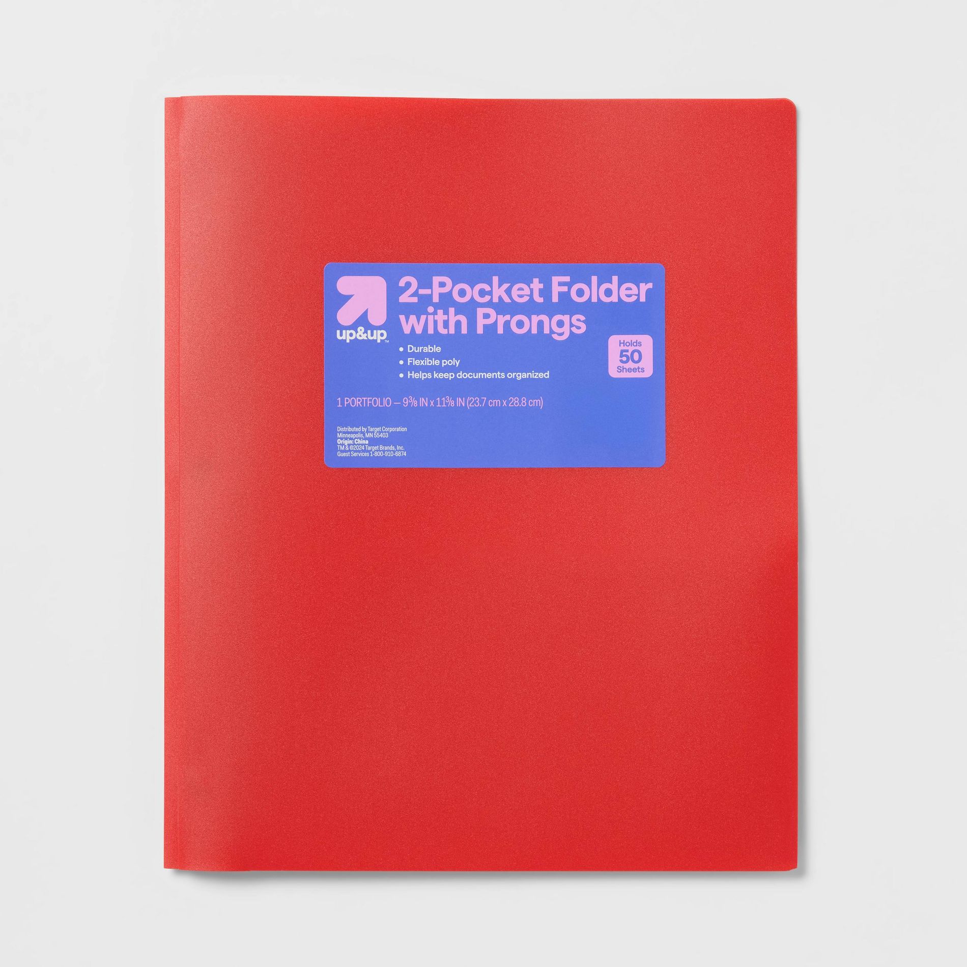 2 Pocket Plastic Folder with Prongs Red - up&up™: School Supplies, Polypropylene, 50 Sheet Capacity, Internal Pockets