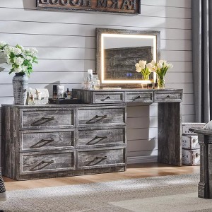 69" Vanity Tables with Glass Top & Led Mirror, Farmhouse Makeup Table with 9 Drawers, Rustic Vanity Desk for Bedroom - 1 of 4