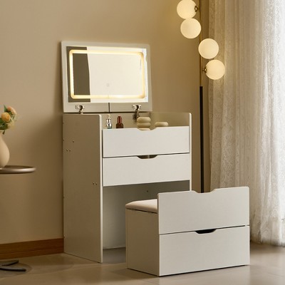 JUJABU 3-in-1 Compact Vanity Desk with Flip-Top Mirror, Glass Top, 3 Drawers & Upholstered Stool for Bedroom
