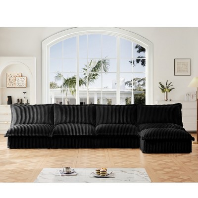 Upholstered Sectional Sofa, 4 Seater Armless Sectional Sofa with Reversible Ottoman, Sectional Sofas with Corduroy Fabric-Cuddlewood