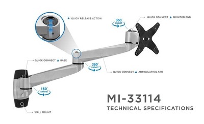 Silver Adjustable Single Monitor Wall Mount for 13-32 Inch Screens