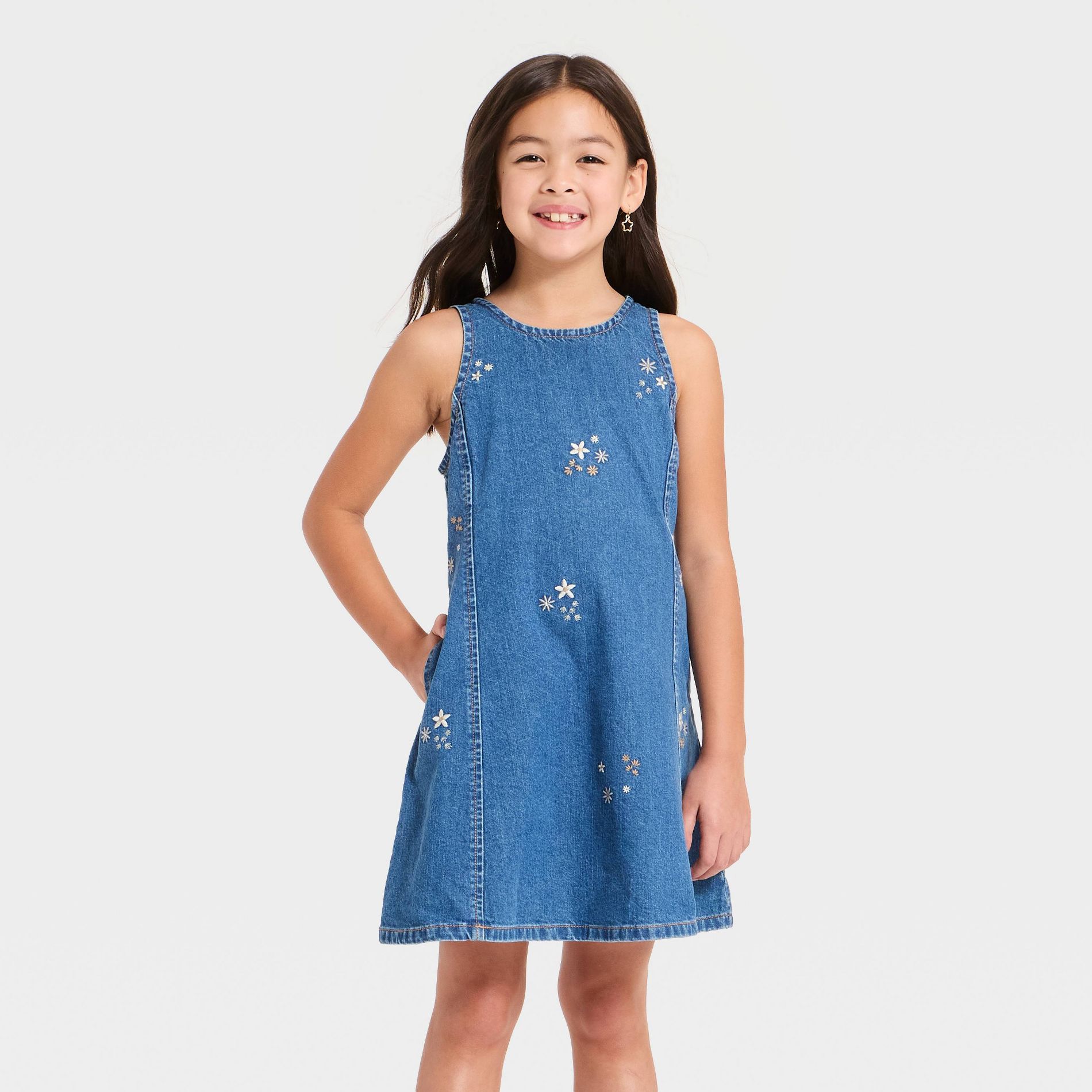 Girls' Embroidered Denim Shift Dress - Cat & Jack™ Medium Wash