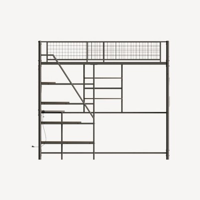 Bellemave Full size loft metal bed with black for bedroom and dormitory, with built-in charging station and LED lighting