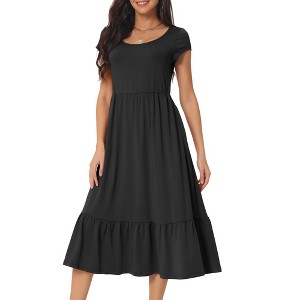 Seta T Women's Casual Round Neck Ruffle Hem Short Cap Sleeve Knit Tiered Midi Dress with Pockets - 1 of 4