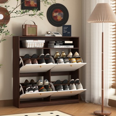 KTMBDW Shoe Storage Cabinet with 4 Flip Drawers, Shoe Rack Organizer Cabinet with wood handle, Freestanding Shoe Cabinet Storage for Entryway, Hallway
