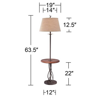 Rustic Walnut & Iron Floor Lamp with Linen Shade and Tray Table