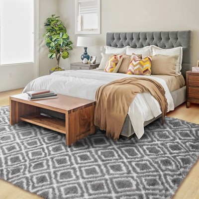 Modern Shag Area Rug Non Slip Fluffy Checkered Rug Geometric Floor Carpet