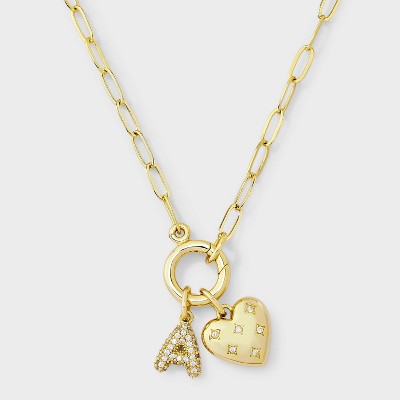 14K Gold Dipped Cubic Zirconia Puffy Heart Charm A Initial Necklace - A New Day™ Gold