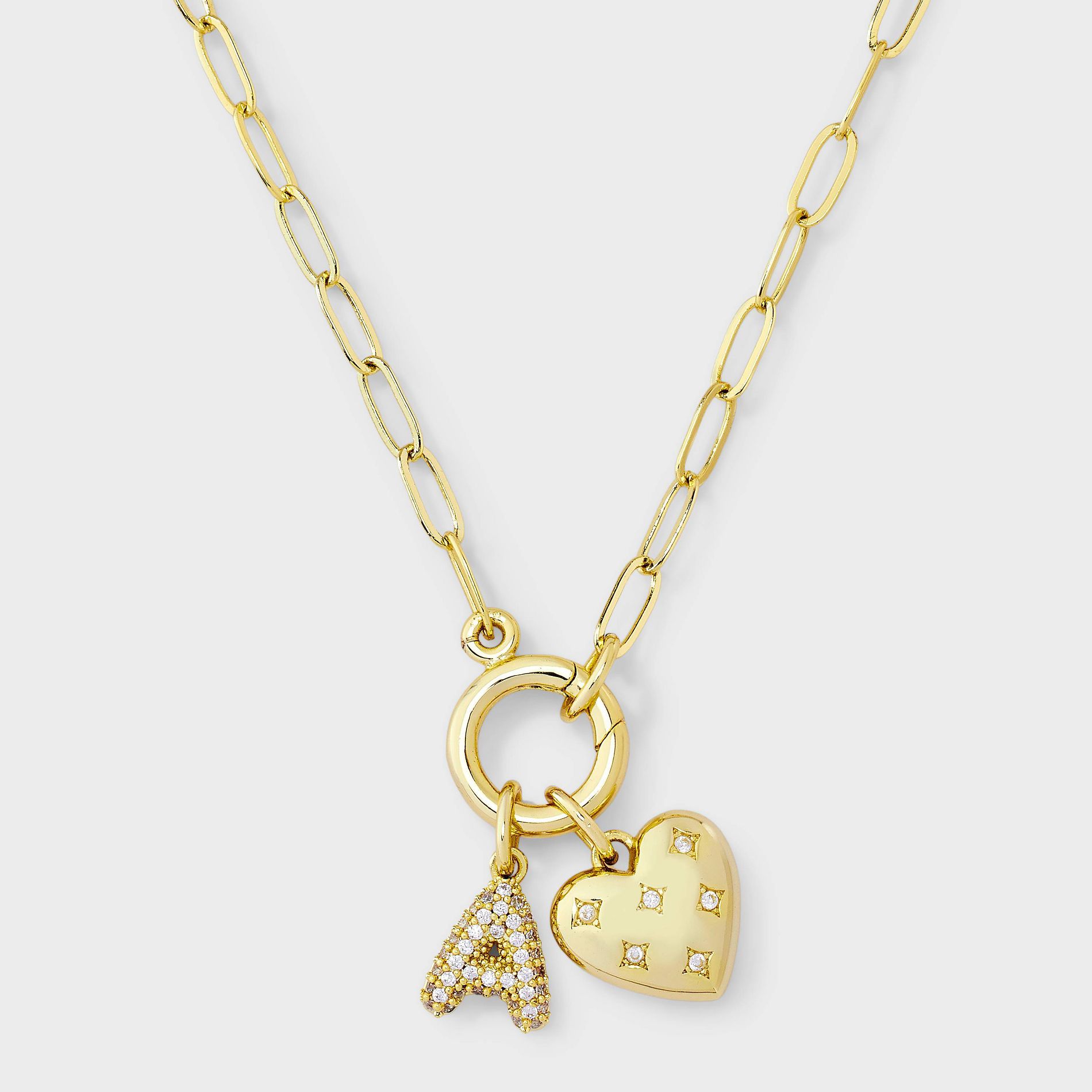 14K Gold Dipped Cubic Zirconia Puffy Heart Charm Initial Necklace - A New Day™ Gold