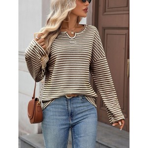 Women's Waffle Knit Striped Sweater, Long Sleeve Notch Neck Casual Top for Fall & Winter Layering - 1 of 4