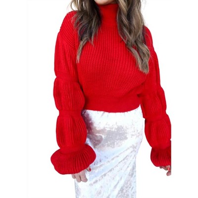 Women's High-neck Sweater With Textured Sleeve - Cloud Ten