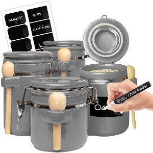 4-Piece Ceramic Kitchen Canisters Set, Airtight Jars with Wooden Spoons Reusable Chalk Labels and Marker for Sugar, Coffee, Flour, Tea - 1 of 4