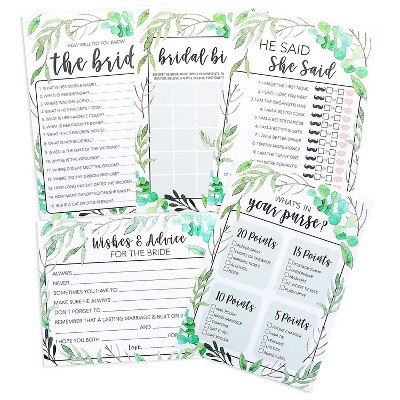 Juvale 5-Set Bridal Shower Game Cards Greenery Boho Wedding Party Activity Supplies Including Bingo He Said She Said Marriage Advice Up to 50 Guests