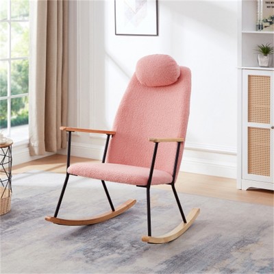 SKRAN Adjustable Headrest Pillow Rocking Chair, Leather Upholstered Glider Rocker with High Backrest for Nursery, Bedroom,Living Room (Pink)