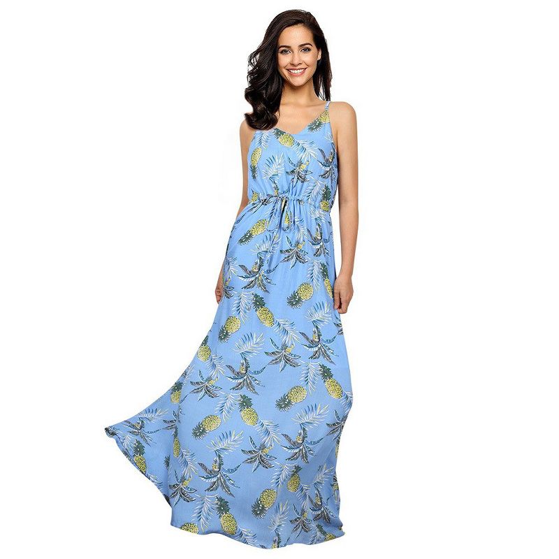 Womens V Neck Adjustable Spaghetti Strap Dress Sleeveless Boho Beach Floral Maxi Dress with Pockets, 2 of 11