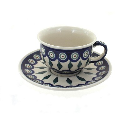 Blue Rose Polish Pottery Peacock Cup & Saucer