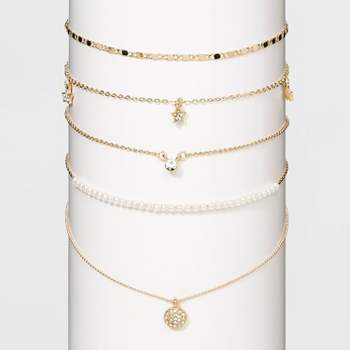 Crystal Acrylic Stones White Pearls Multi Chain Necklace Set - Wild Fable™ Gold