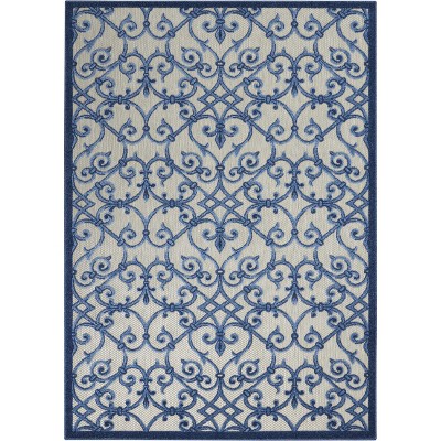 Aloha Contemporary Scroll 5'3" Round Blue/Grey Outdoor Rug