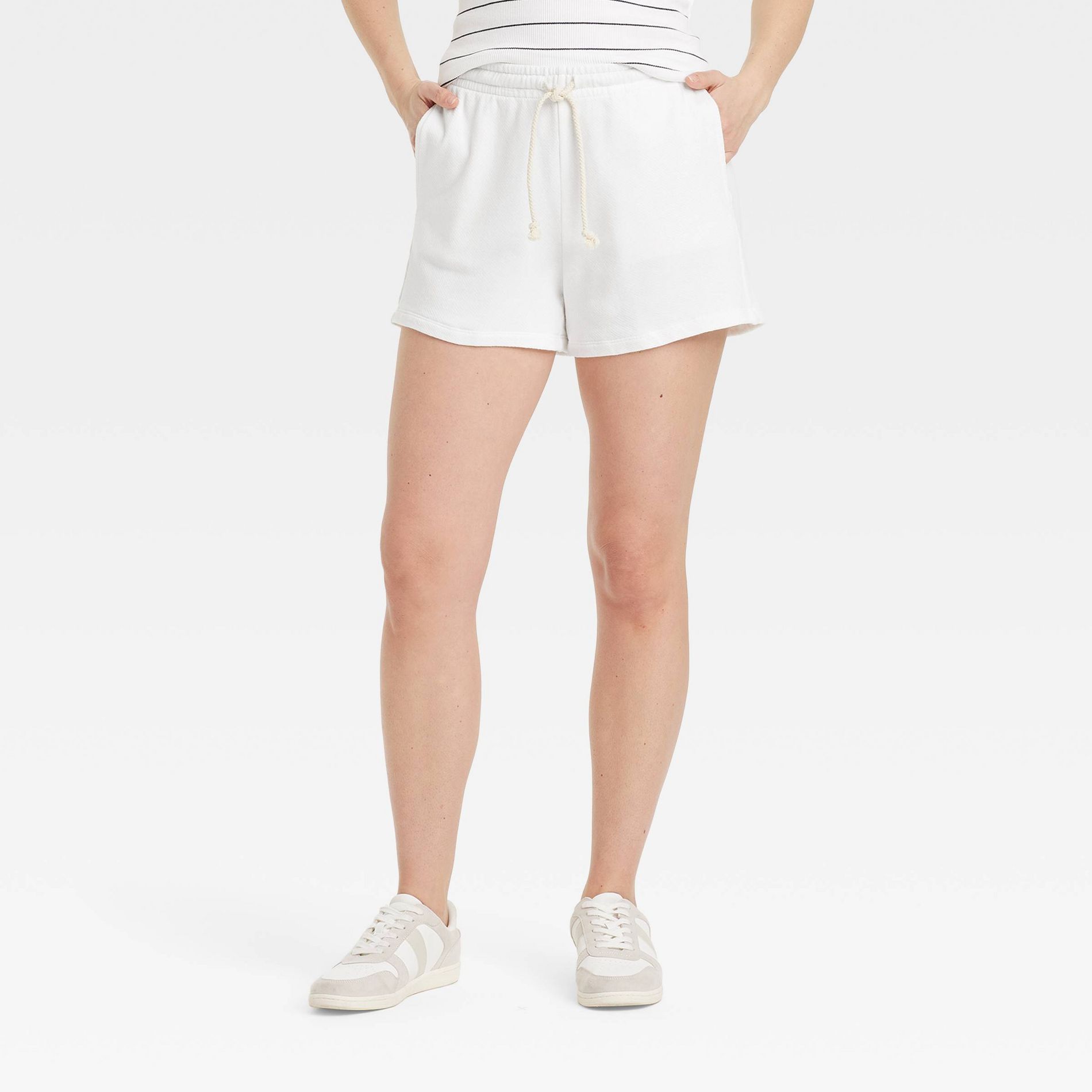 Women's Leisure Studio Mid-Rise Pull-On Shorts - Universal Thread™ White M: Cotton Modal, Adjustable Waistband, Terry Fabric