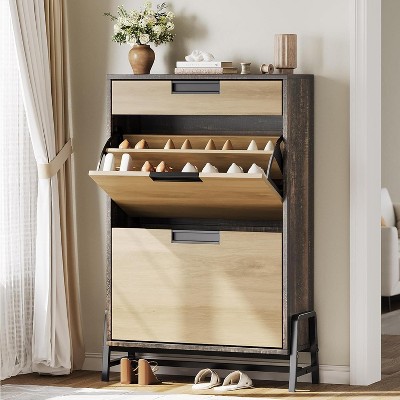 Vintage Farmhouse Shoe Storage Cabinet with 2 Flip Lids, 1 Drawer, Adjustable Shelves, Narrow Entryway Organizer, Freestanding